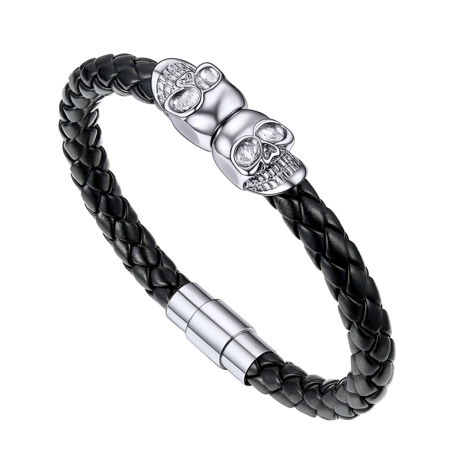 U7 Personalized Skull Bracelets Men Biker Surfer Bracelet Bangle with Stainless Steel Clasp, Braided Black Leather Gothic Twin Skeleton Cuff Bracelet (8.3")