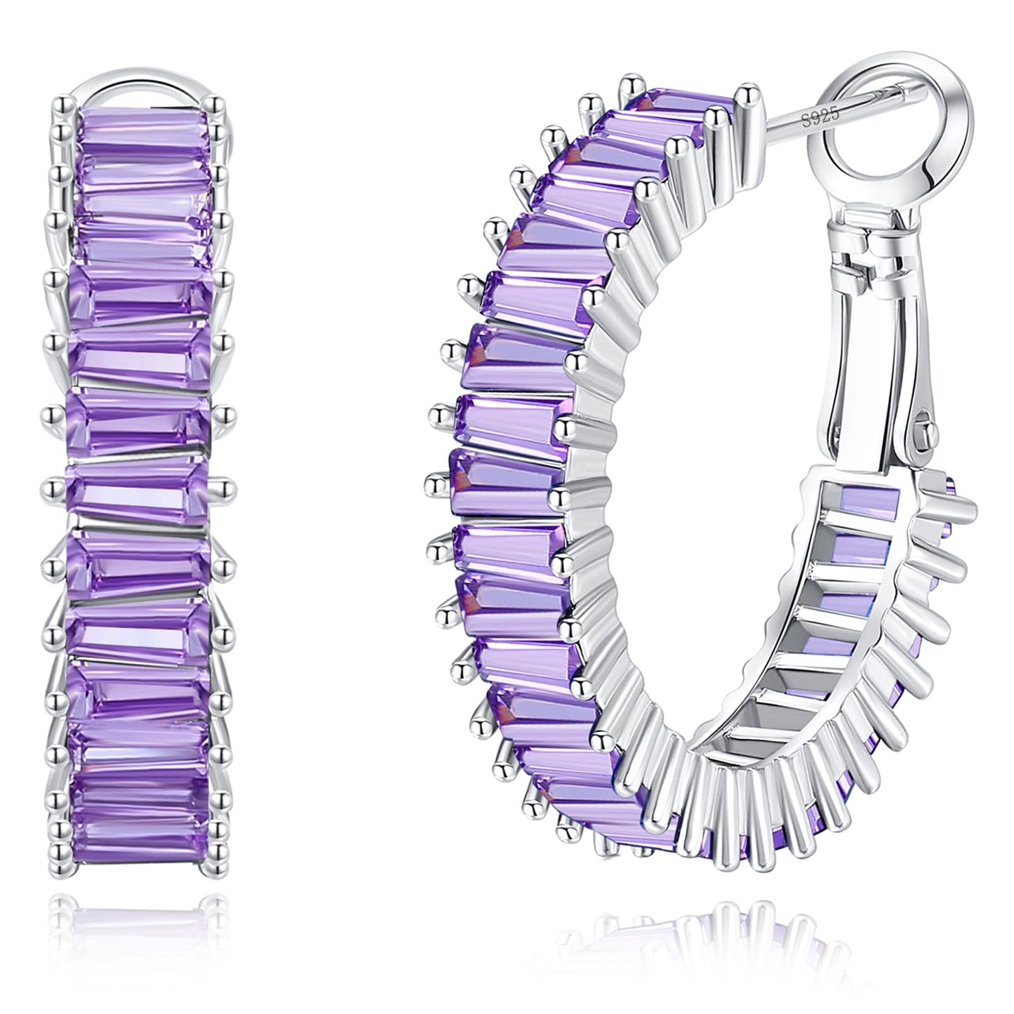 GLOQUAT Purple Hoop Earrings White Gold Plated Amethyst Earrings for Women Purple Rhinestone Earrings Lavender Earring Round Circle Hoops Vintage Baguette Cubic Zirconia Hoop Jewelry Gift 25mm