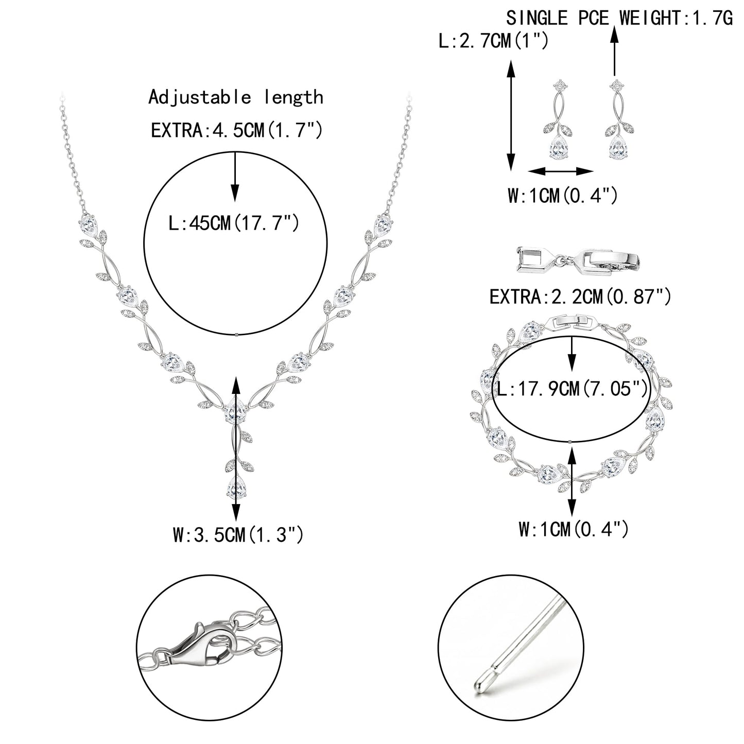 EVER FAITH Wedding Jewelry Set for Bride Bridesmaid, White-Gold-Plated-Brass Teardrop Cubic Zirconia Leaf Vine Bridal Prom Necklace Dangle Earrings Bracelet Sets for Women