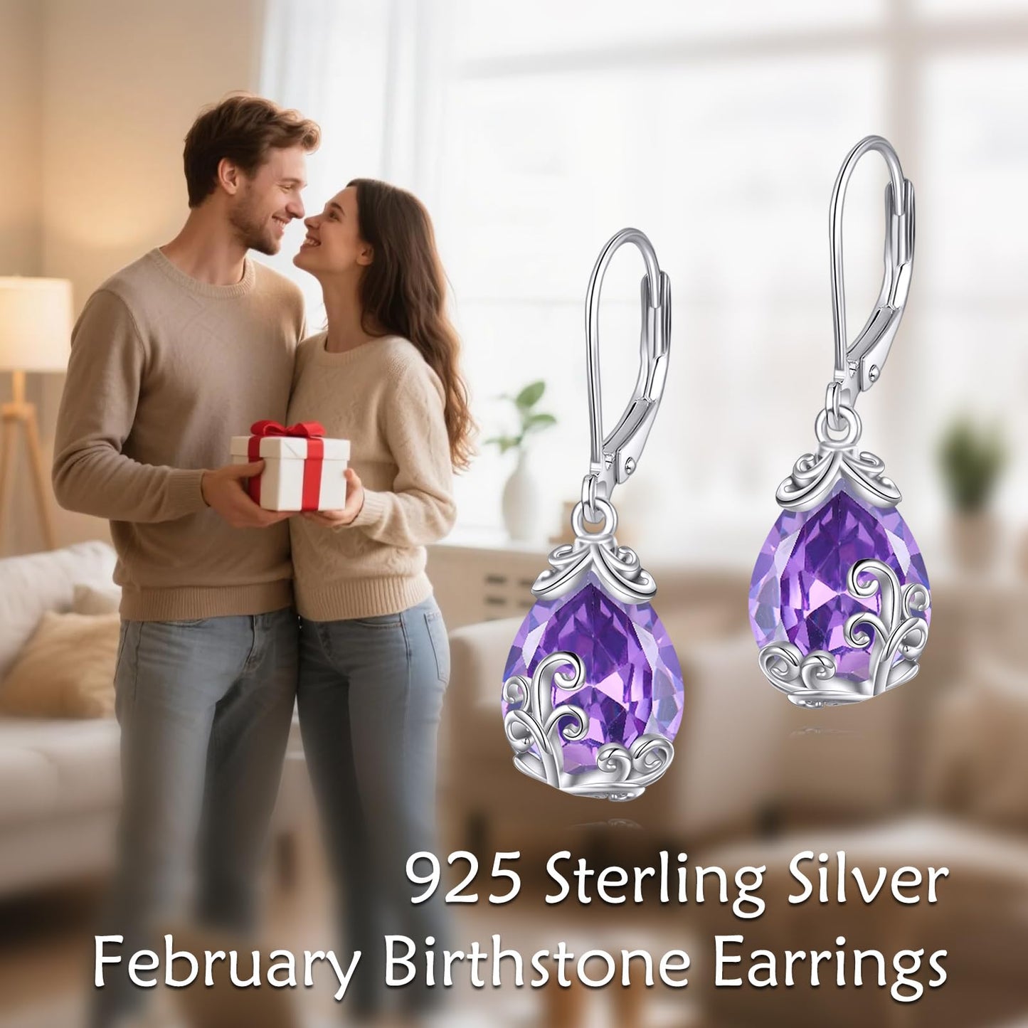 POPLYKE BirthStone Filigree Teardrop Drop Dangle Earrings Sterling Silver Amethyst Leverback Earrings February Birthstone Jewelry Gifts for Women