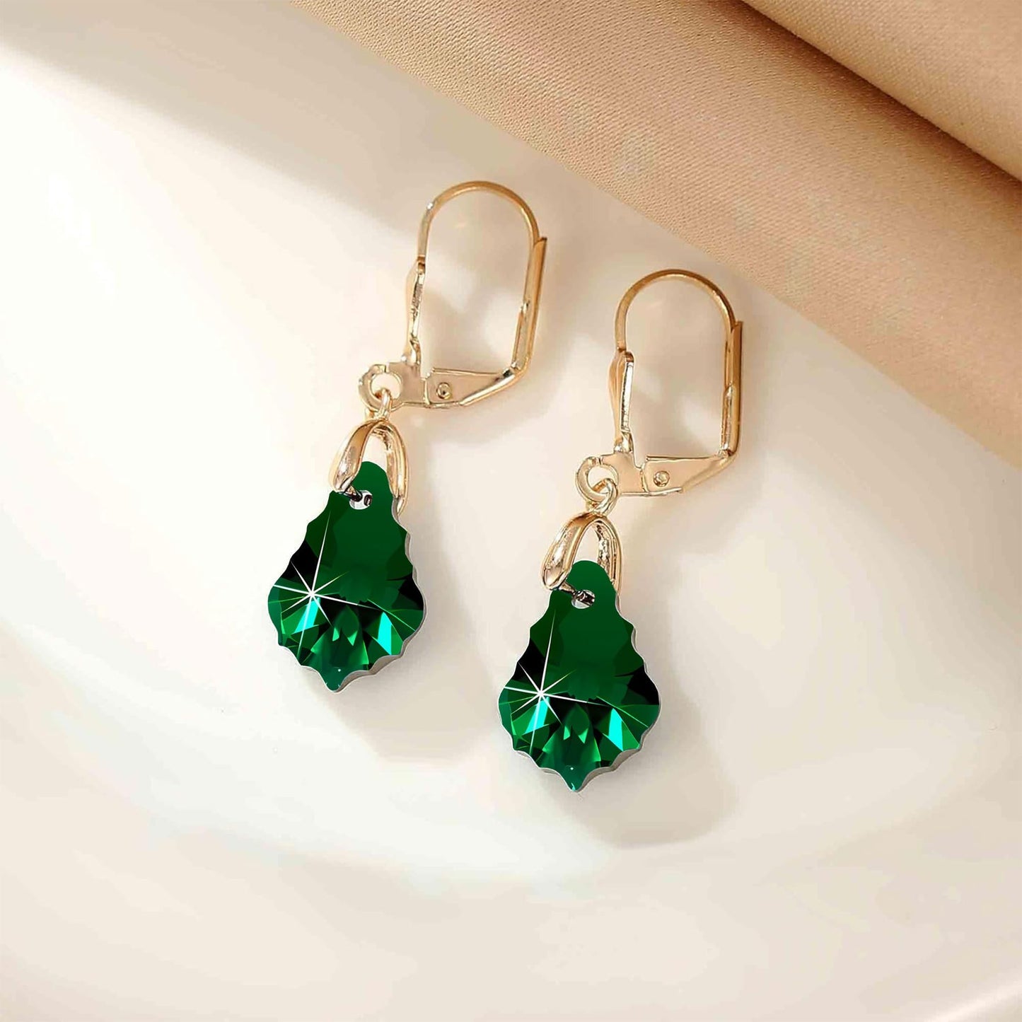 Austrian Crystal Baroque Drop Leverback Earrings for Women Fashion 14K Gold Plated Hypoallergenic Jewelry (Emerald)