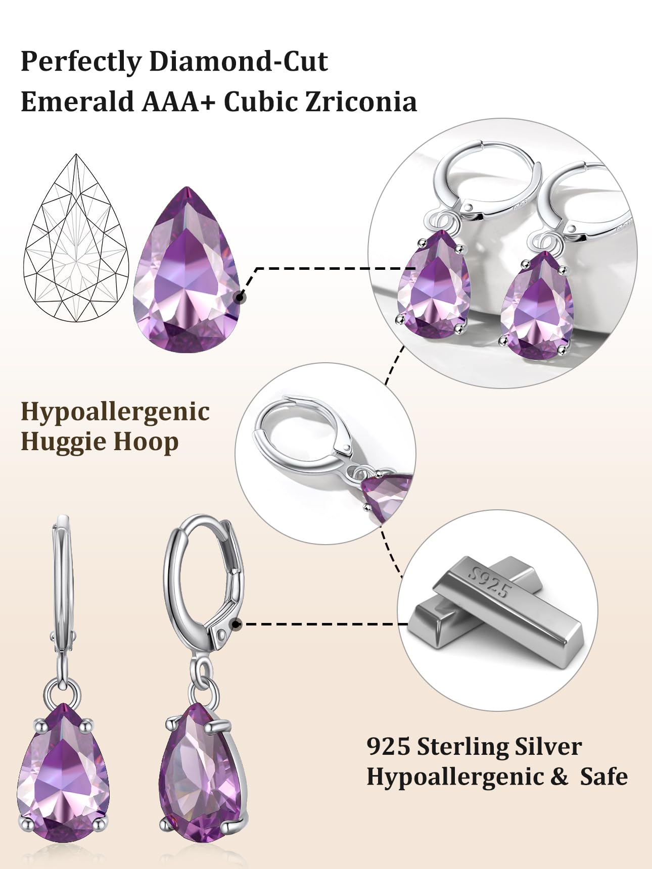 Bestyle Created Alexandrite Purple Birthstone Earrings for Women - Teardrop Earrings Small Silver Dangle Hoop Earrings for Women - Dainty Cute Earrings for Birthday Wedding Party