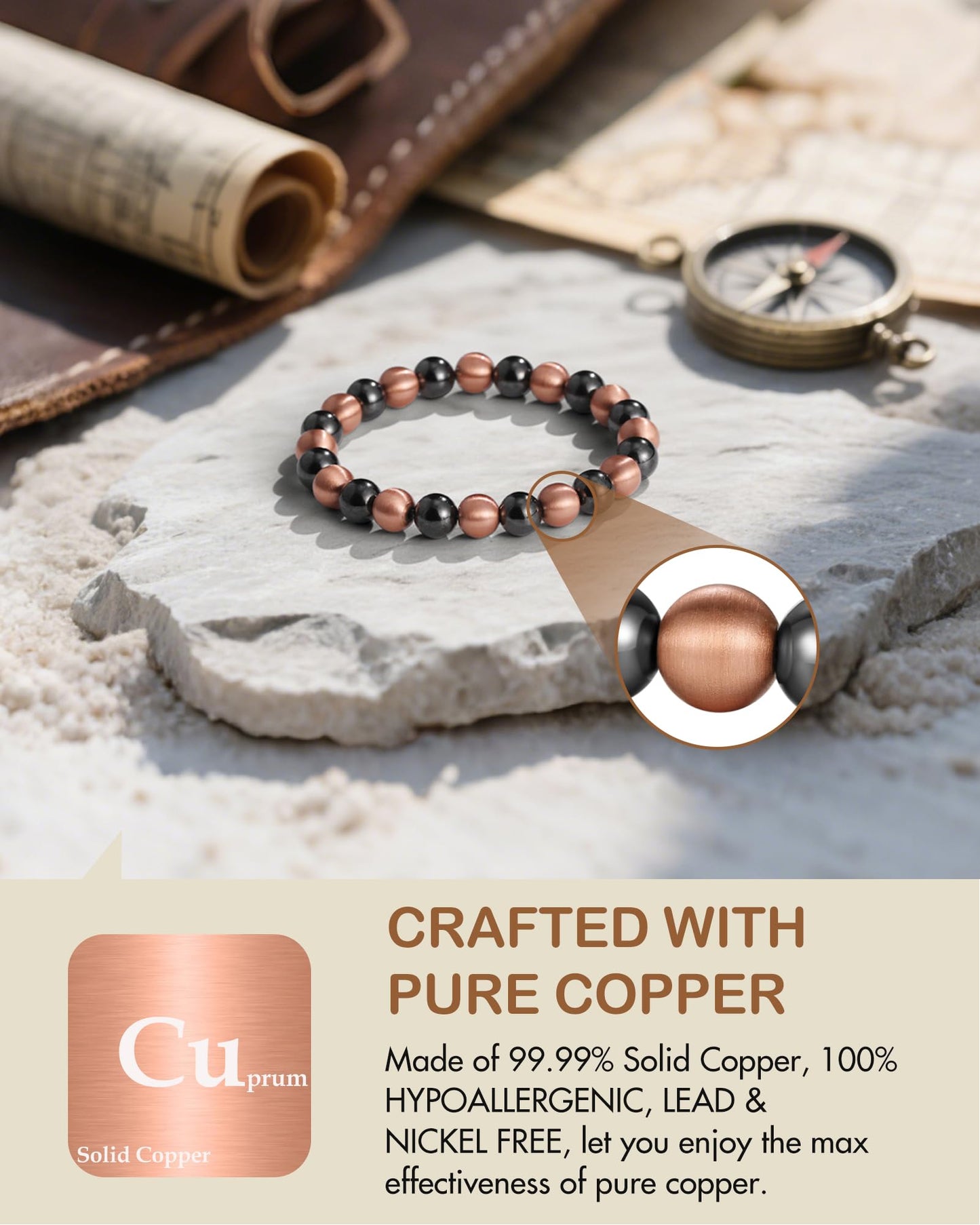 Feraco Pure Copper Magnetic Bead Bracelet for Men Women, 8mm 99.99% Solid Copper & 3500 Gauss Magnetic Hematite Beads, Unisex Stretch Wristband, Gift-Ready Jewelry