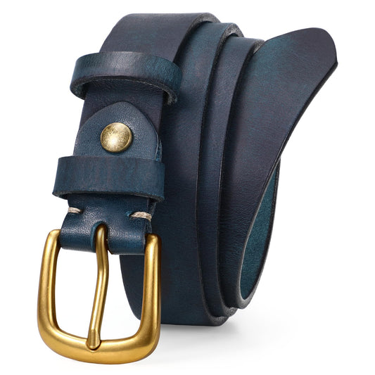 VONMELLI Womens Genuine Leather Belts for Jeans Pants Ladies Navy Full Grain Belt With Vintage Gold Buckle, XL