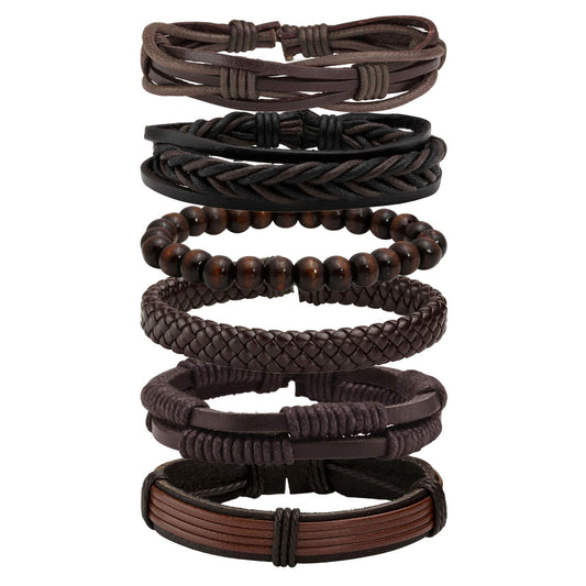 MILAKOO 6 Pcs Brown Braided Leather Bracelets for Men Women Cuff Wrap Wristbands