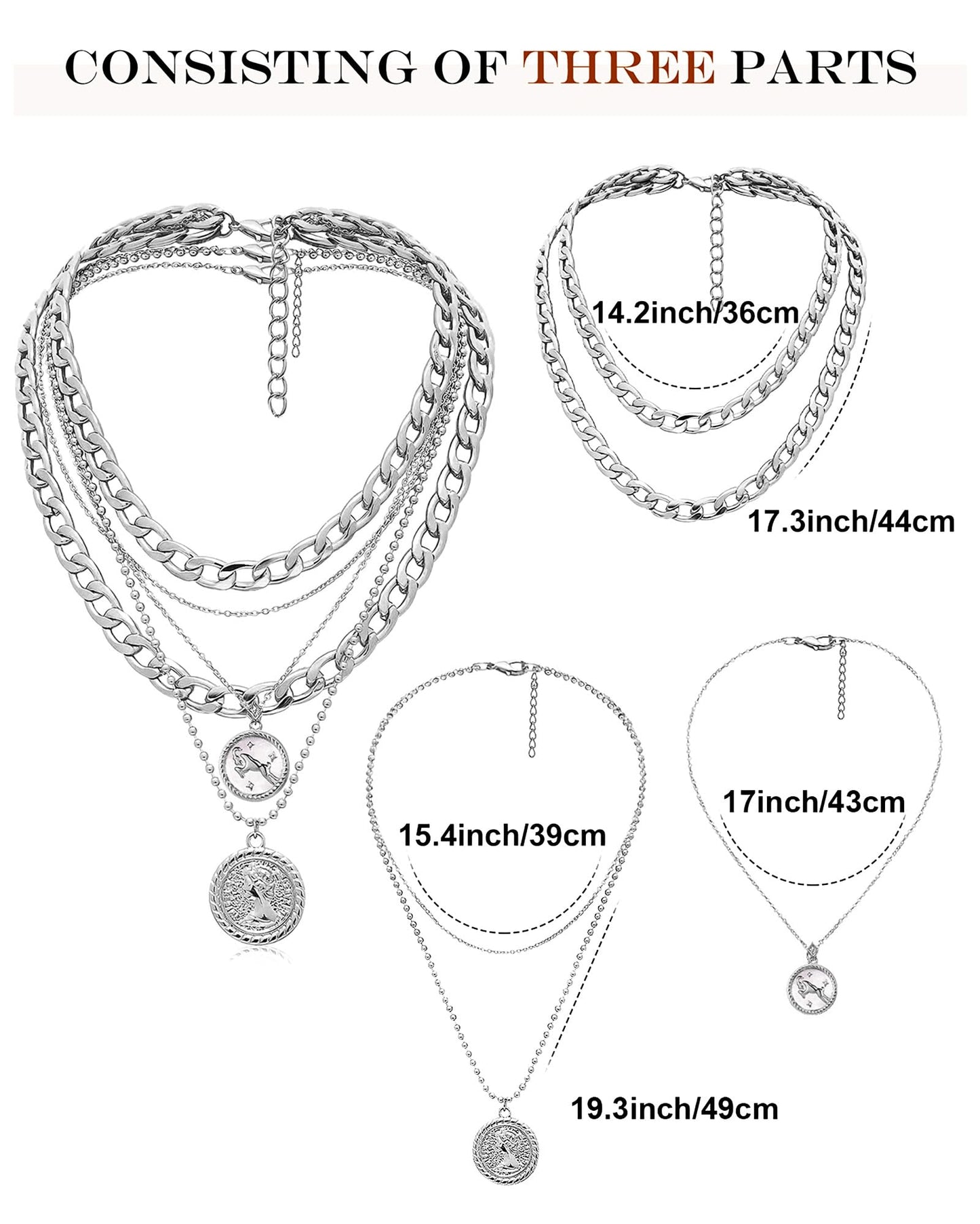 MJartoria Gold Layered Necklaces for Women Trendy Retro Coin Pendant Necklace Dainty Chunky Chain Choker Necklaces for Jewelry Birthday Gifts (Silver, Zodiac-Aries-3PCS Layered)