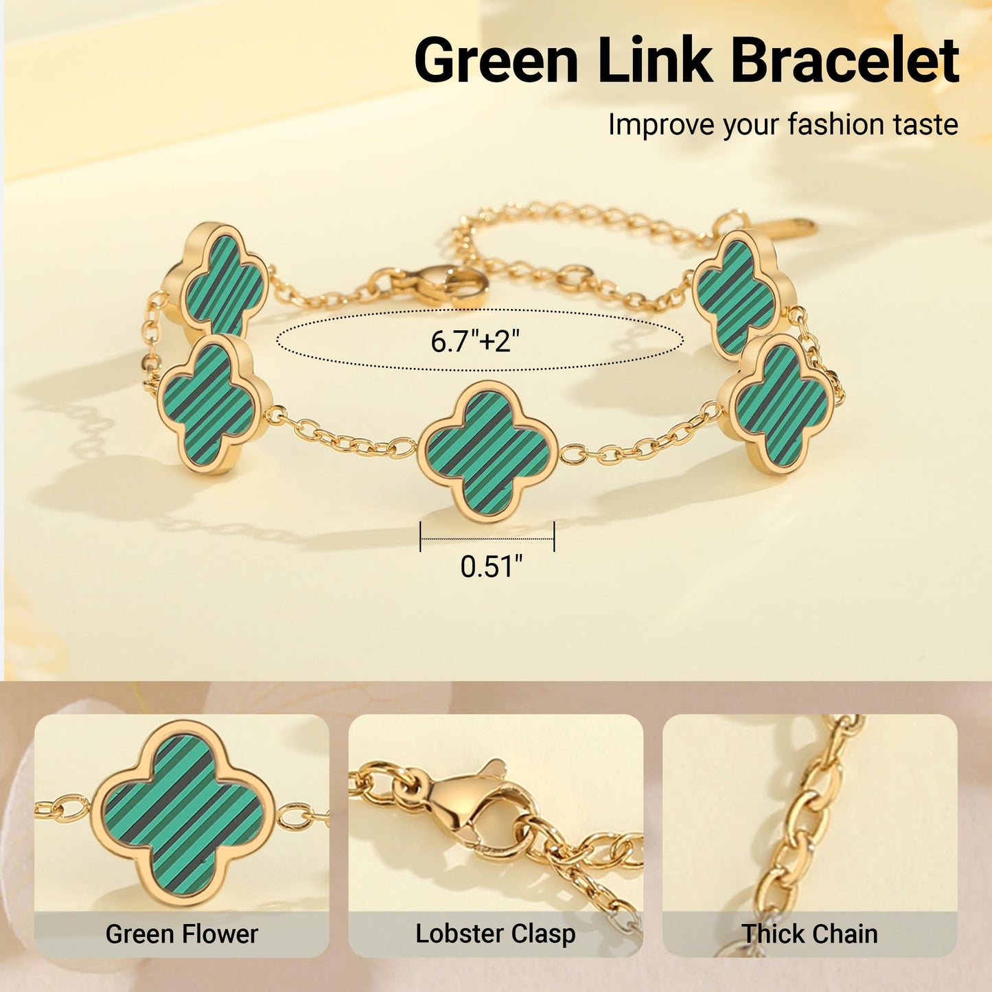 CORSMGSE 18K Gold Plated Clover Lucky Bracelet for Women Gold White Black Pink Green Red Blue Adjustable Double Sided Flower Four Leaf Link Bracelets Trendy Jewelry Gifts for Women Men