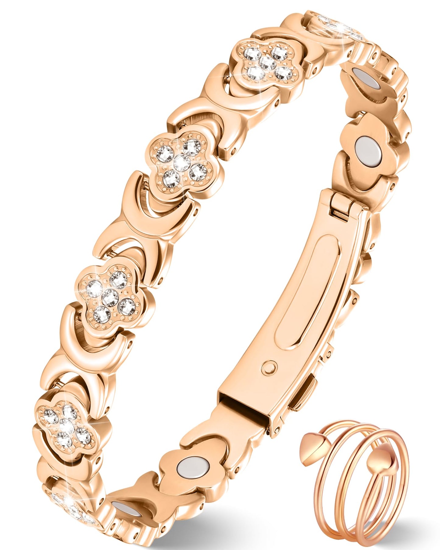 Jeracol Copper Bracelets for Women, Ultra Strength Magnetic Bracelets with 3800 Gauss Magnets & Sparkling Cubic Zirconia, Pure Copper Clover Jewelry with Ring