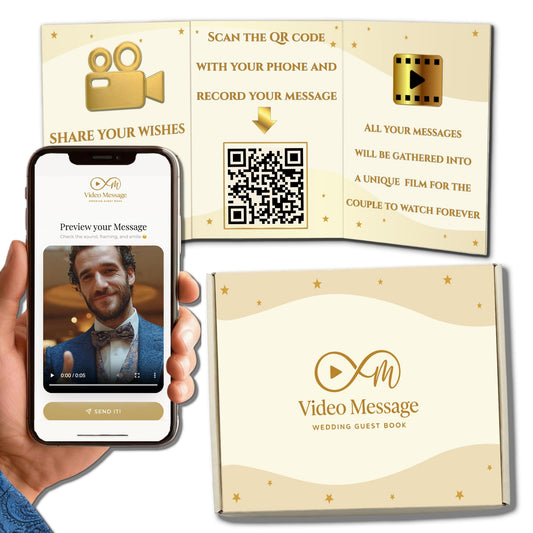 Video Guest Book for Wedding with QR Code - Wedding Guest Book Alternative, Guests Record Video Messages on Their Phones, No App - Edited Film in 24 Hours - Kit with Banner, Signs, Flyer, Badges