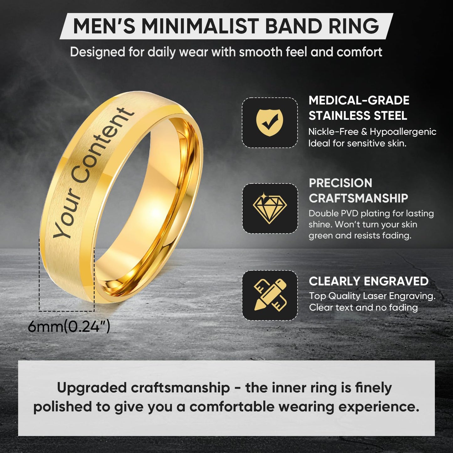 VNOX Customize Gold Plated Stainless Steel Beveled Edge Matte Brushed Finish Rings for Wedding Band,Size 10