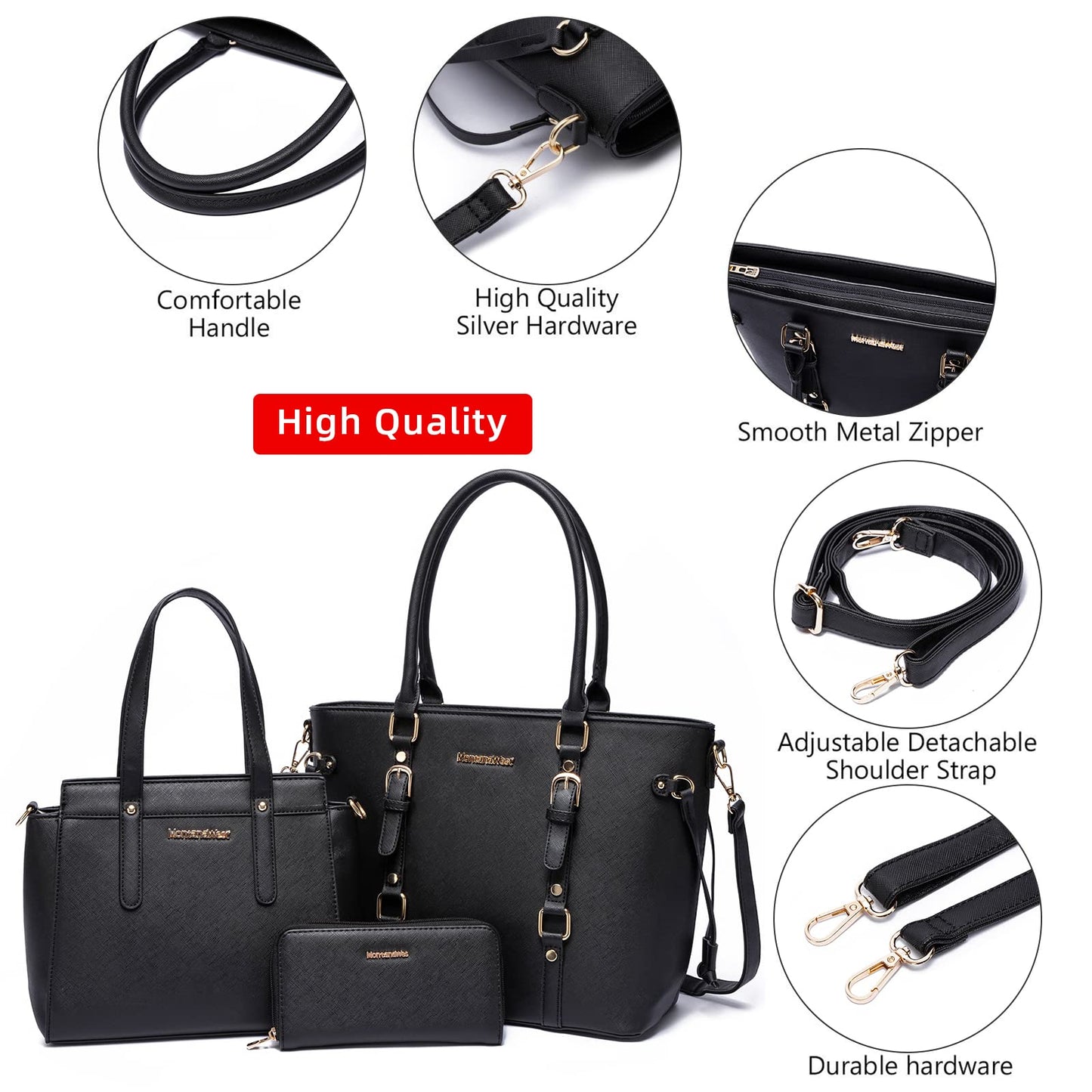 Montana West 3PCS Purses for Women Tote Bag and Wallet Set Shoulder Satchel Crossbody Bags Leather Handbag for Gift Travel Casual Work MWC-HB-SET3-C032W-BK
