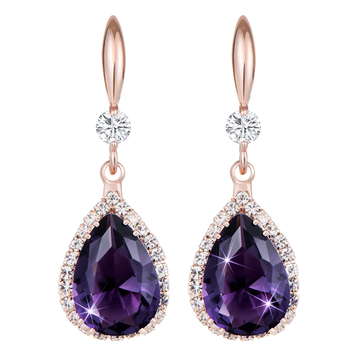 Linawe Purple Dangle Earrings Rose Imitation Gold Plated, Imitation Diamond Drop Chandelier Earrings for Women Trendy, Rhinestone Lab Created Amethyst Crystal Teardrop Dangly Earrings