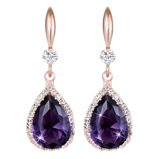 Linawe Purple Dangle Earrings Rose Imitation Gold Plated, Imitation Diamond Drop Chandelier Earrings for Women Trendy, Rhinestone Lab Created Amethyst Crystal Teardrop Dangly Earrings