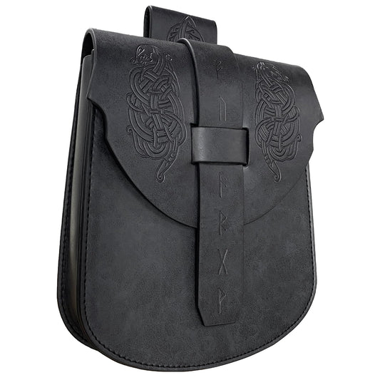 HiiFeuer Viking Embossed Snakes Faux Leather Belt Bag, Nordic Belt Pouch, Medieval Vintage Portable Waist Bag for Ren Faire (Black B)