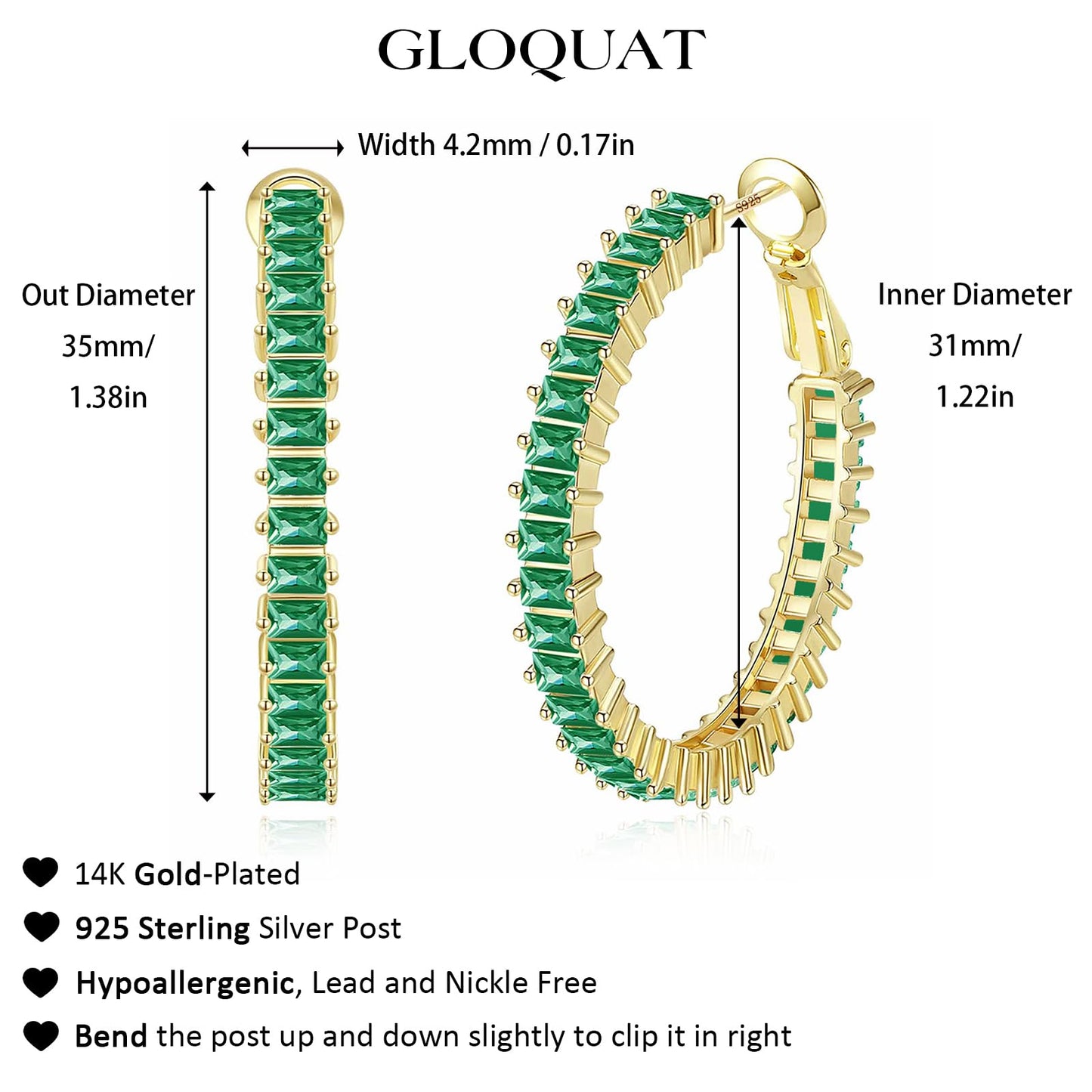GLOQUAT Gold Green Hoop Earrings St Patrick's Day Green Accessories 14K Gold Plated Earring for Women Vintage Baguette Cubic Zirconia Hoop Earring Fashion Round Circle Hoops St. Pat's Day Jewelry 35mm