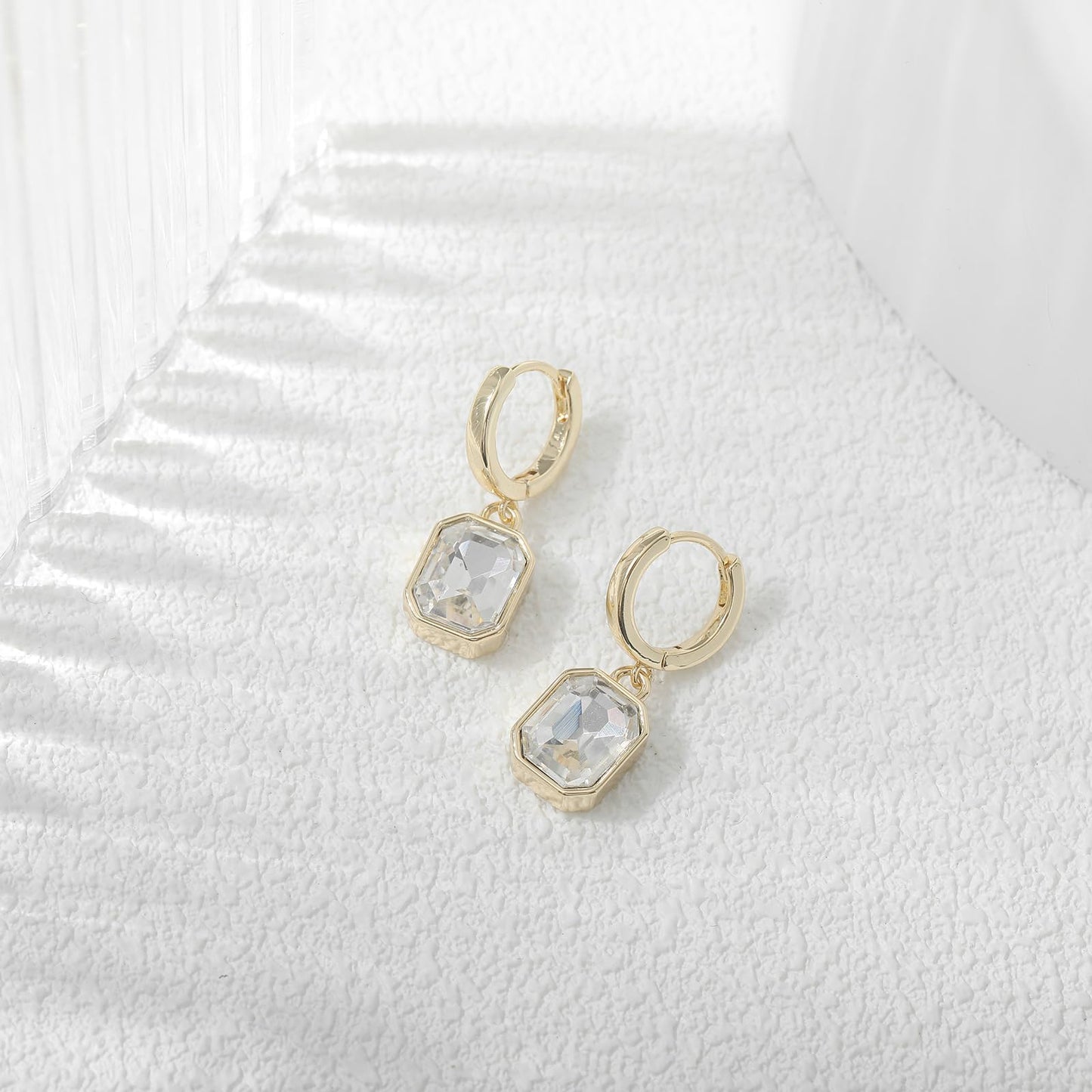 Birthstone Crystal Dangle Drop Earrings, 18K Gold Plated Huggie Hoop Hypoallergenic Earring Jewelry Gifts for Women (White)