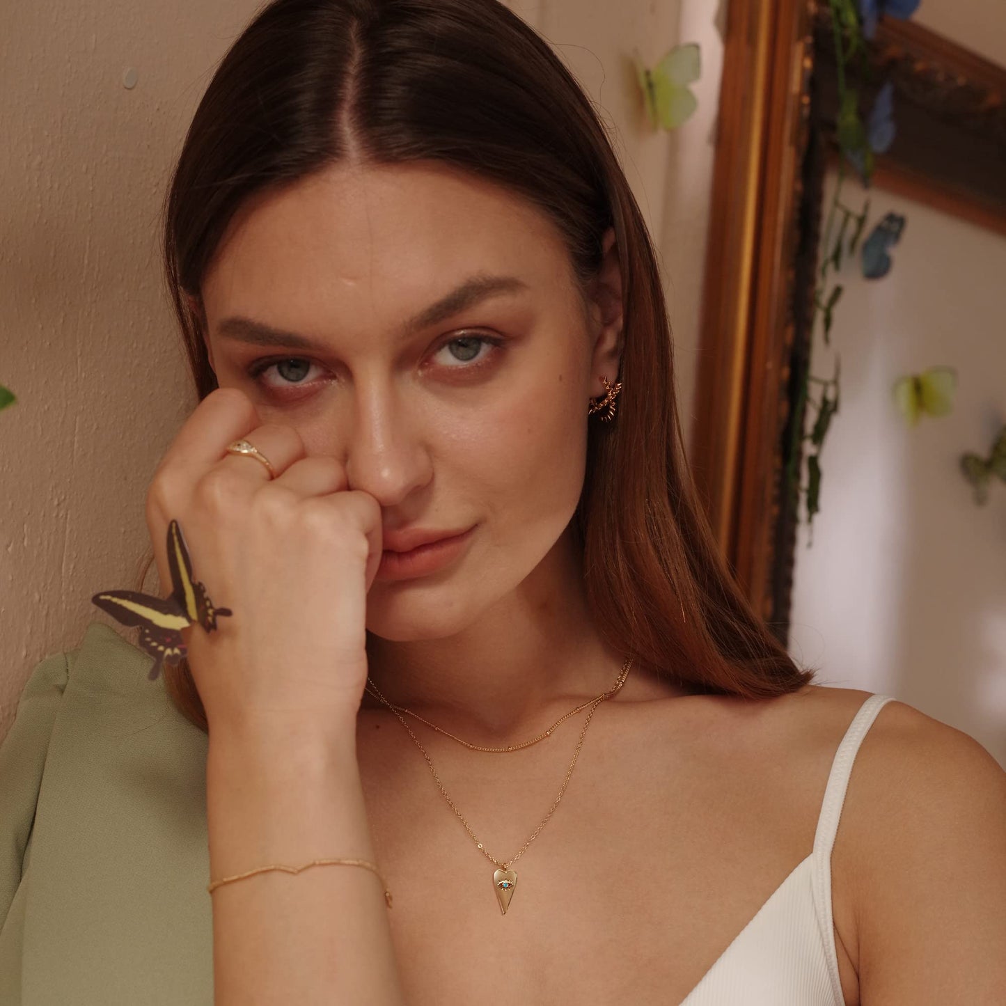 MEVECCO Layered Heart Evil Eye Necklace Handmade 18k Gold Plated Dainty Turquoise Layering Necklace for Women