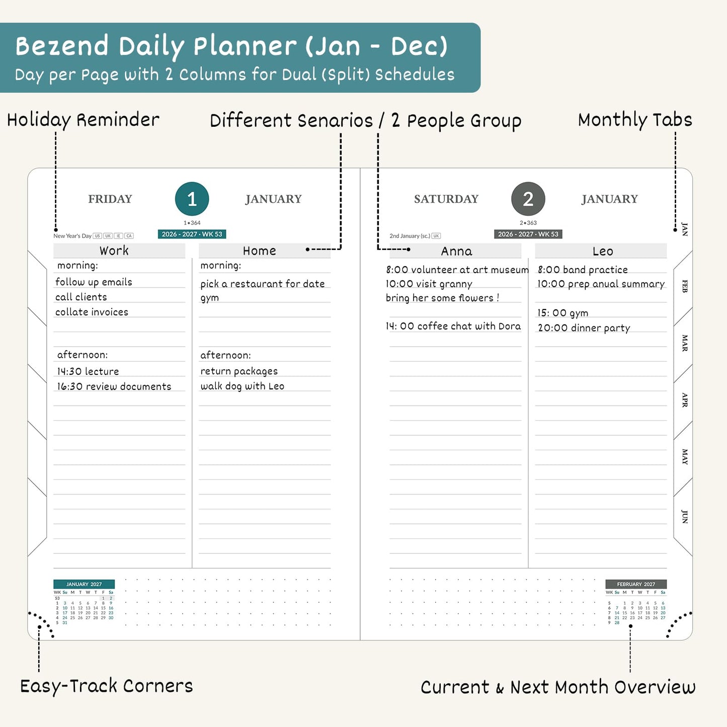 BEZEND 2027 Daily Planner (6" x 8.5") Full Page Per Day & Equal Weekends - Dual Column Schedule with Note Section & Monthly Tabs (Jan-Dec) PU Vegan Leather Hardcover, Work Life Balance - Burgundy