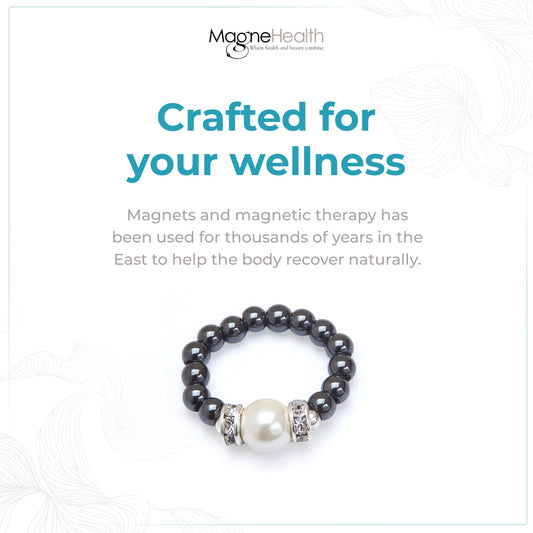 MAGNEHEALTH Black Magnetic Hematite Stretch Ring w/Large White Magnet Bead - Absorbs Negative Energy, Wellness & Balance Jewelry, Unisex Ring, Gift for Men and Women, Stretchable Comfort Fit, Medium