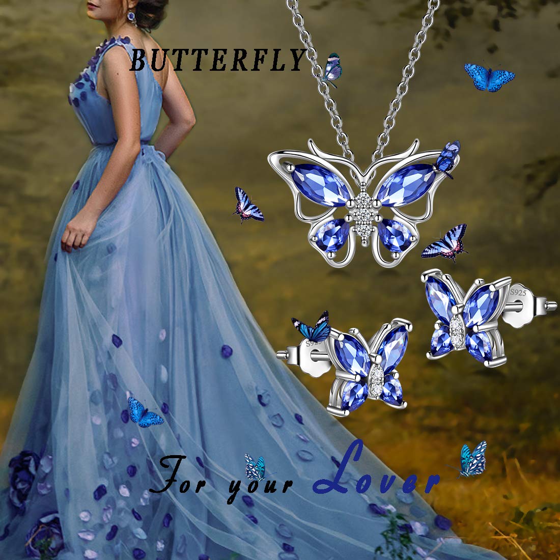 Hipunk Butterfly Purple Jewelry Sets Birthstone Women 925 Sterling Silver December-Tanzanite Birth Stone Animal Butterflies Jewelry Sets/Earring Set Crystal Birthday Jewelry SS0001D