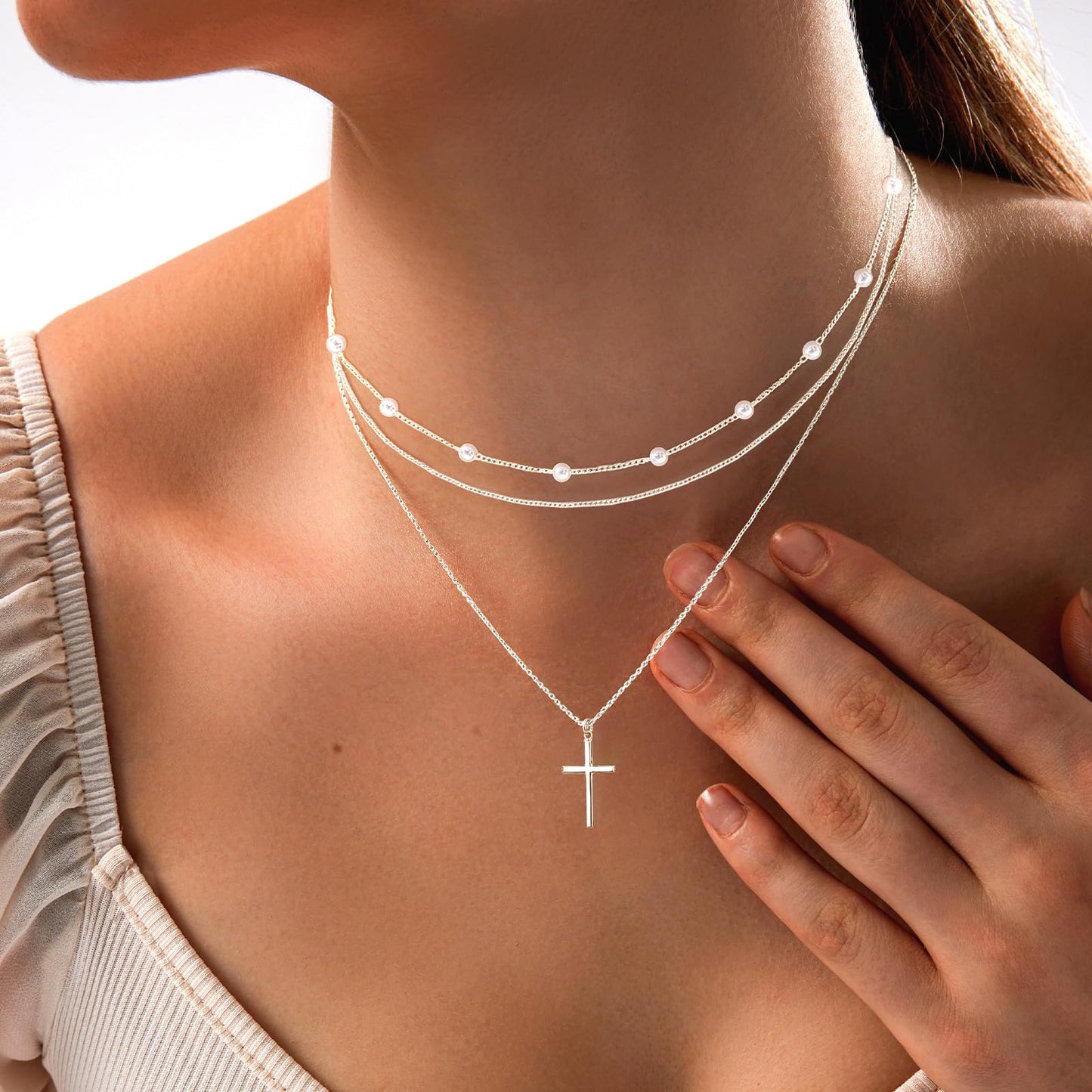 Zeffy Layered Silver Necklaces for Women Dainty Silver Cross Necklace Trendy Pearl Choker Cute Necklace Stack Jewelry Sets for Women Gifts
