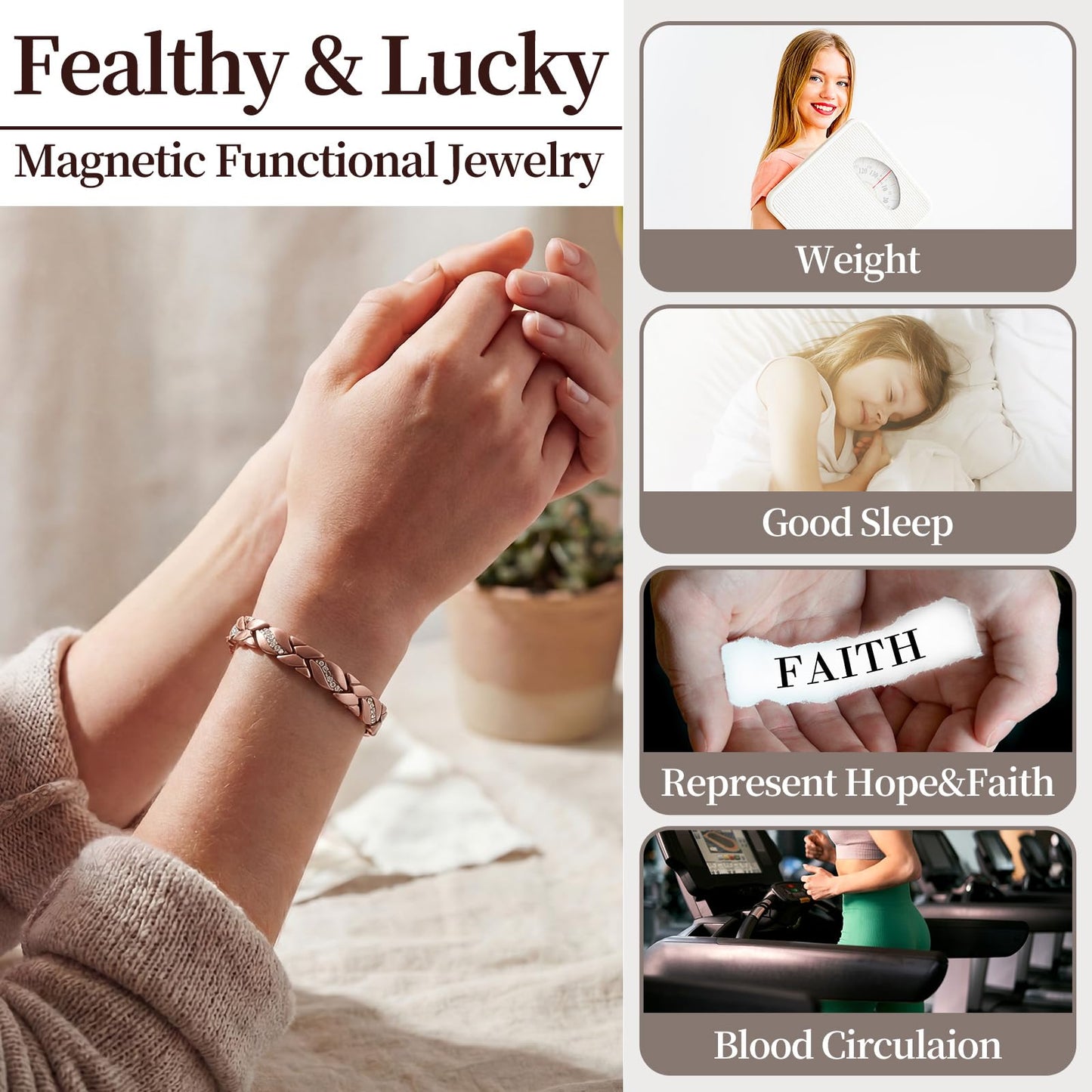 Misdary 3 Pcs Copper Magnetic Bracelets for Women Ultra Strength Magnetic Bracelet with Magnets Natural Stones Adjustable Jewelry Gift (Crystals)