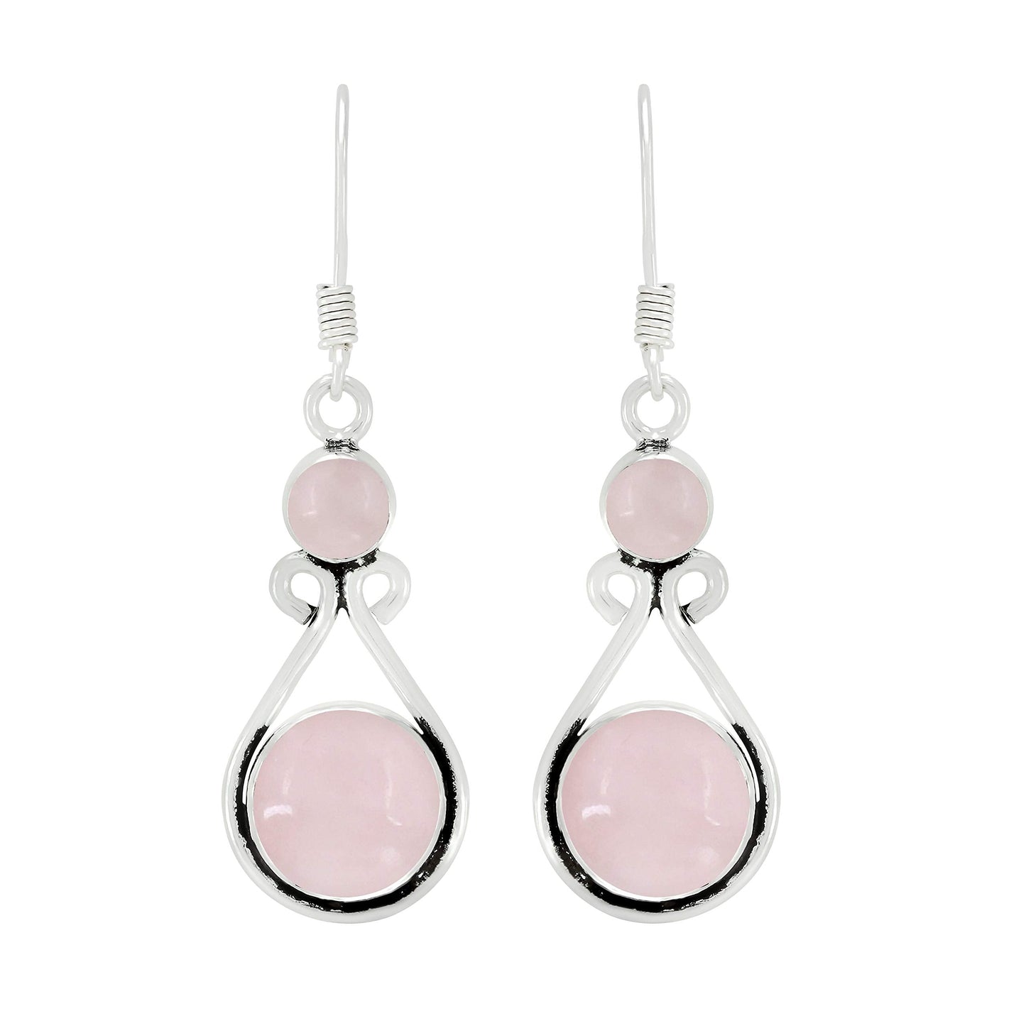 Natural Rose Quartz Silver Plated Dangle Earrings for Women - Januray Birthstone Round Gemstones Drop Earrings Handmade Jewelry - Valentine's Day Gift for Her