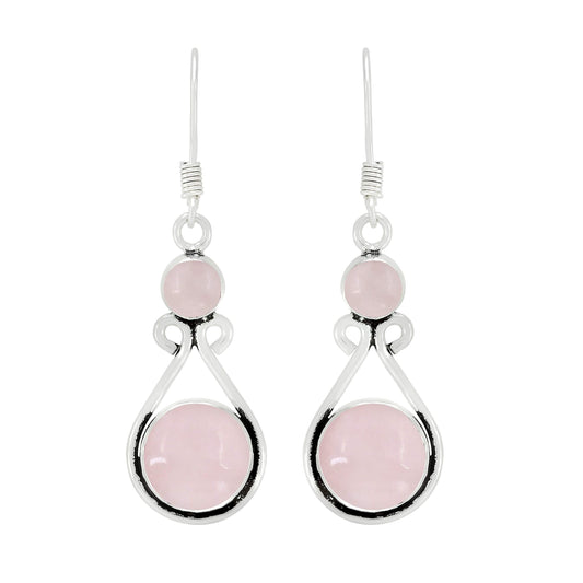 Natural Rose Quartz Silver Plated Dangle Earrings for Women - Januray Birthstone Round Gemstones Drop Earrings Handmade Jewelry - Valentine's Day Gift for Her