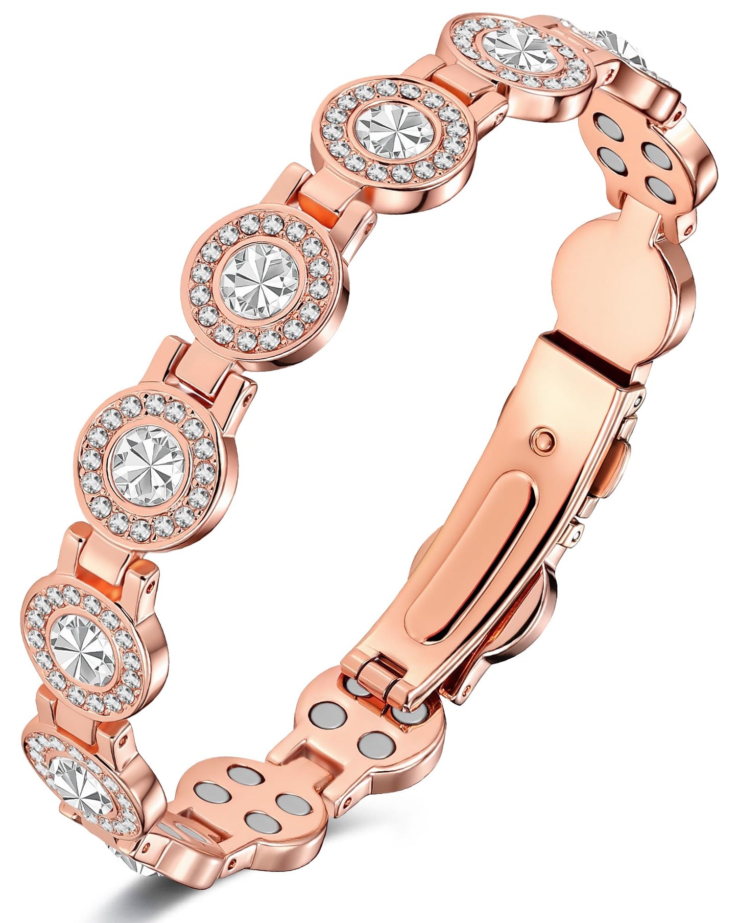 Feraco Pure Copper Bracelets for Women, 4X Ultra Strength Magnetic Bracelet with 3800 Gauss Neodymium Magnets & Dazzling Austrian Cut Crystals Stone, Adjustable Jewelry Gift (Sparkle Sphere - Rose Gold)