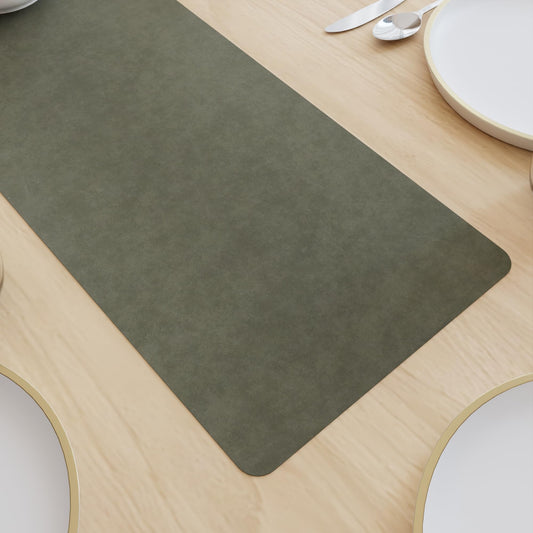 Encasa XO Dual Sided Leather Olive Table Runner with Suede Top | Heat & Water Resistant, Non-Slip, Wipeable & Durable Dining & Kitchen Table Decor | 12"x33"