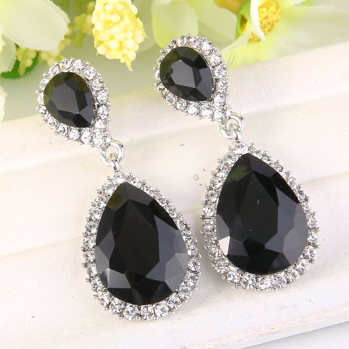 EVER FAITH Women's Black Austrian Crystal Wedding Bridal Tear Drop Dangle Earrings Silver-Plated-Base