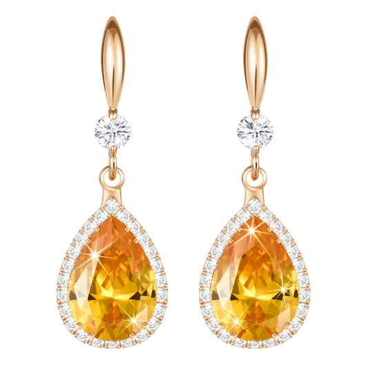 Linawe Rose Imitation Gold Plated Yellow Earrings for Women, Imitation Diamond Dangle Drop Chandelier Rhinestone Lab Created Citrine Cubic Zirconia Fake Crystal Wedding Earrings