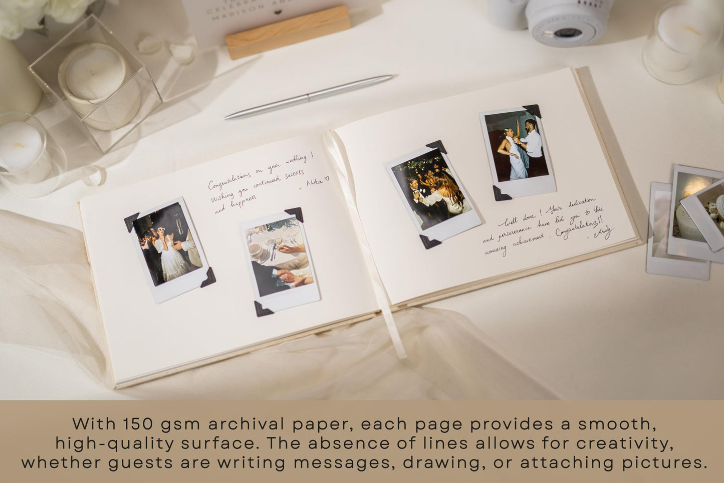 Modern Album Designs Cream Guest Book with Black Sticker Sheets for Photos - 9.5 x 7 Real Linen Hardcover Guestbook for Wedding Ceremony Reception Signin, to Add Polaroid & Write Messages