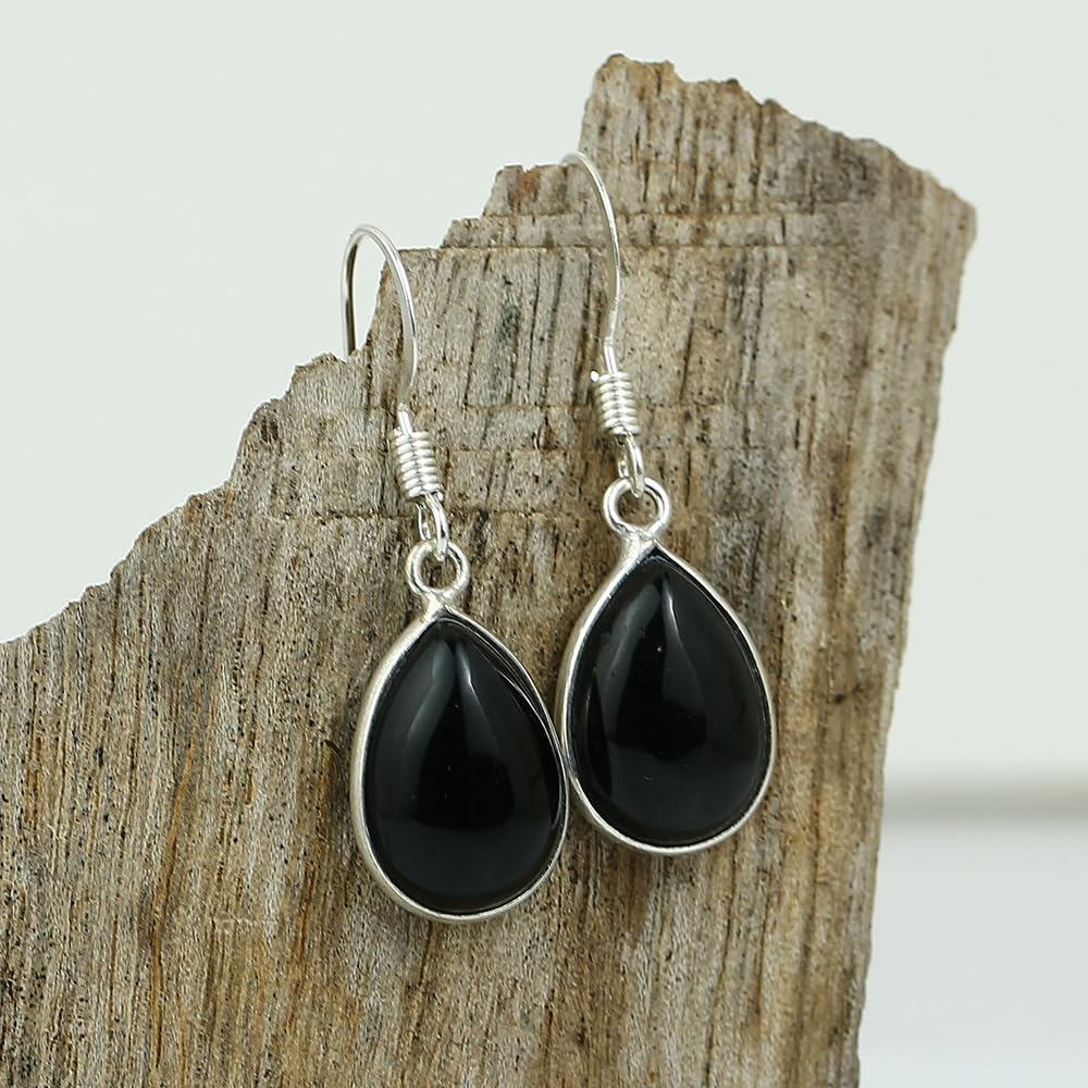 Natural Black Onyx Sterling Silver Plated Dangle Earrings for Women - Black Gemstone Teardrop Shape July Birthstone Dangle & Drop Handmade Earrings - Women's Day Gifts for Her