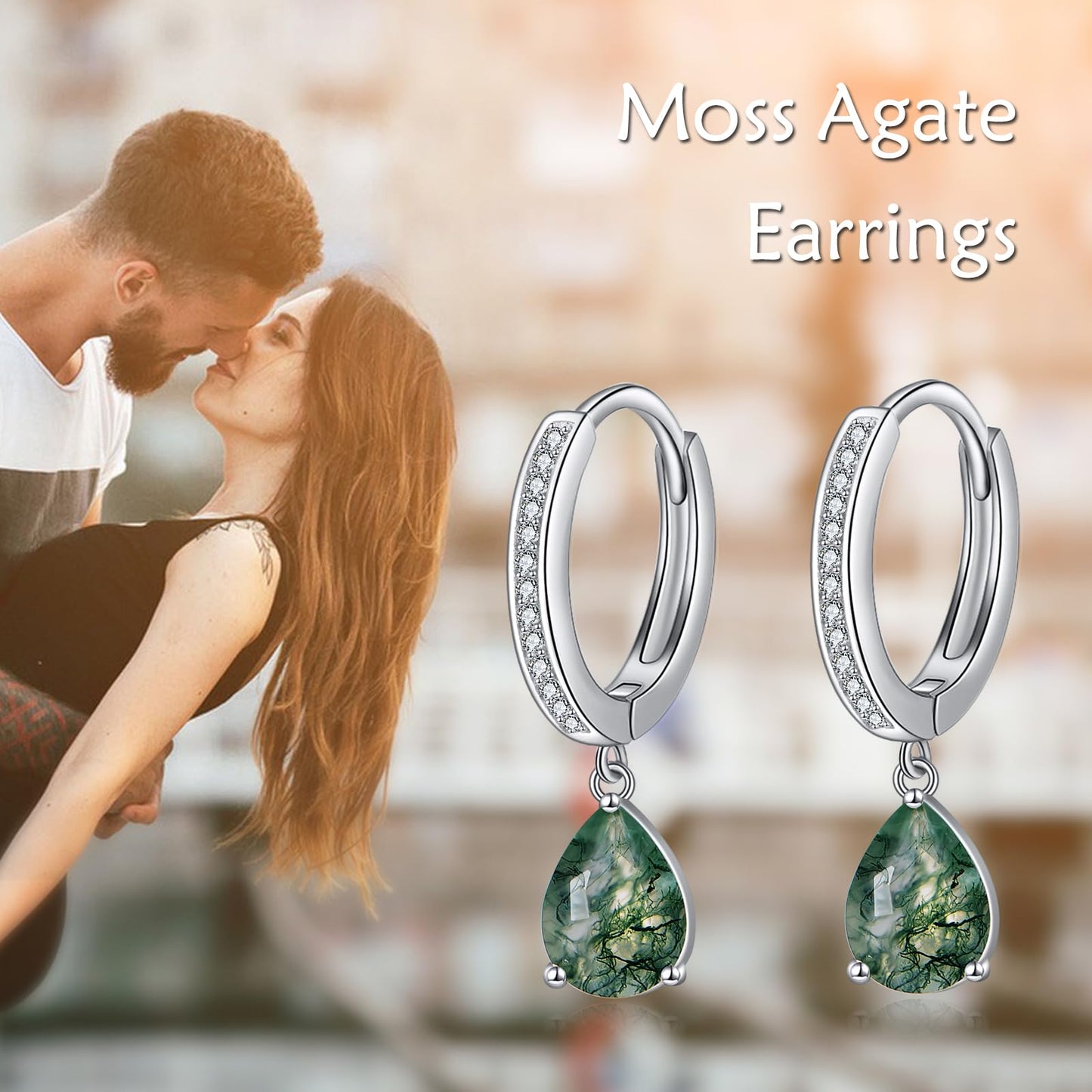 VONALA Moss Agate Earrings 925 Sterling Silver Teardrop Drop Dangle Earrings Zircon Hoop Earrings Agate Jewelry Gift for Women