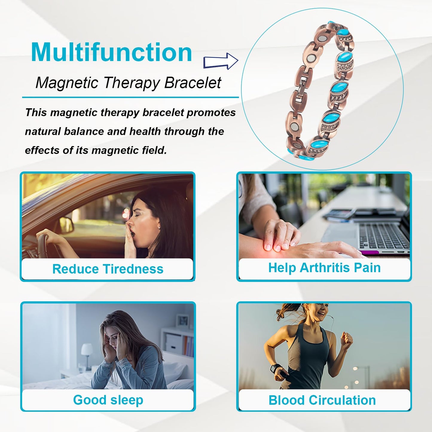 EnerMagiX Copper Bracelet for Women, 7.28inch Pure Copper Turquoise Magnetic Bracelet, Healthy Jewelry Gift (0175)