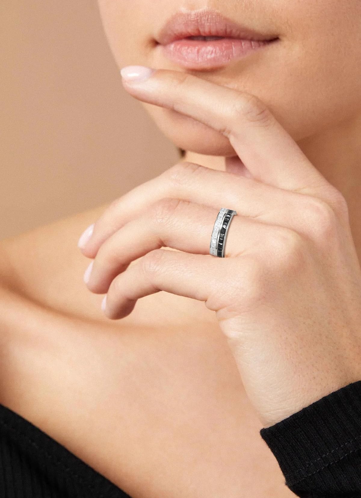 Frbod Women's Sterling Silver Wedding Ring Sparkly Moissanite Eternity Band Black Diamond Rings for Men Size 10