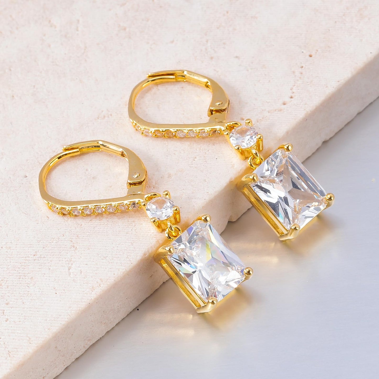 CiNily Leverback Earrings for Women Rectangular-cut Drop Dangle Earrings Hypoallergenic, 14K Gold Plated White Cubic Zircon Earrings Diamond Dangle Earrings Jewelry Wedding