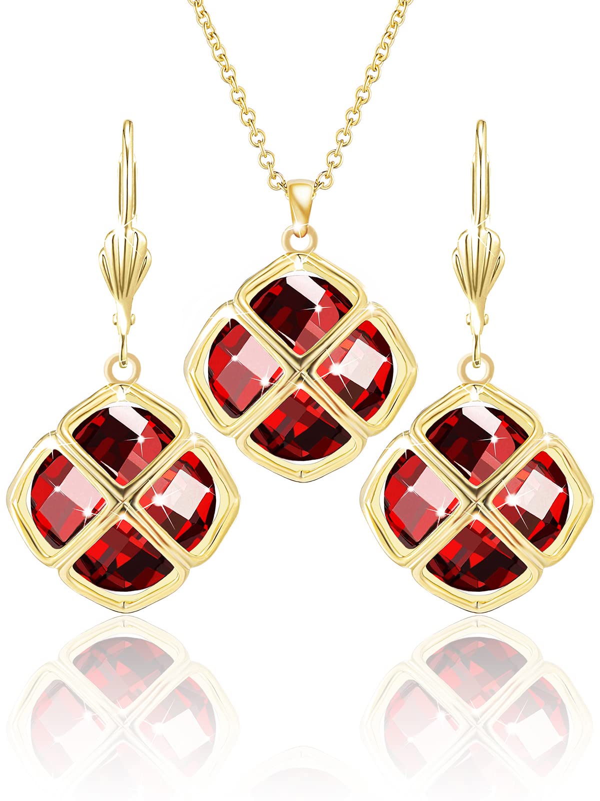 Qinpan 14MM Crystal Pendant Drop Dangle Necklace Earrings Set for Women Glod Plated Costume Jewelry Sets, 38*17.8mm, Yellow Gold, Garnet