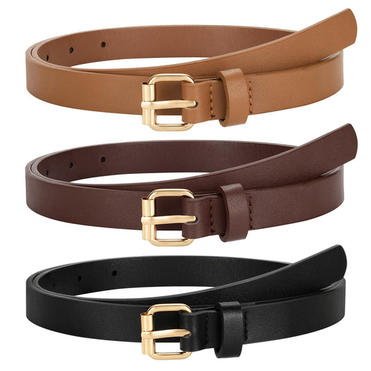 TRIWORKS 3 Pack Women Skinny Leather Belt for Jeans Pants Dress Ladies Thin Waist Belt with Gold Buckle