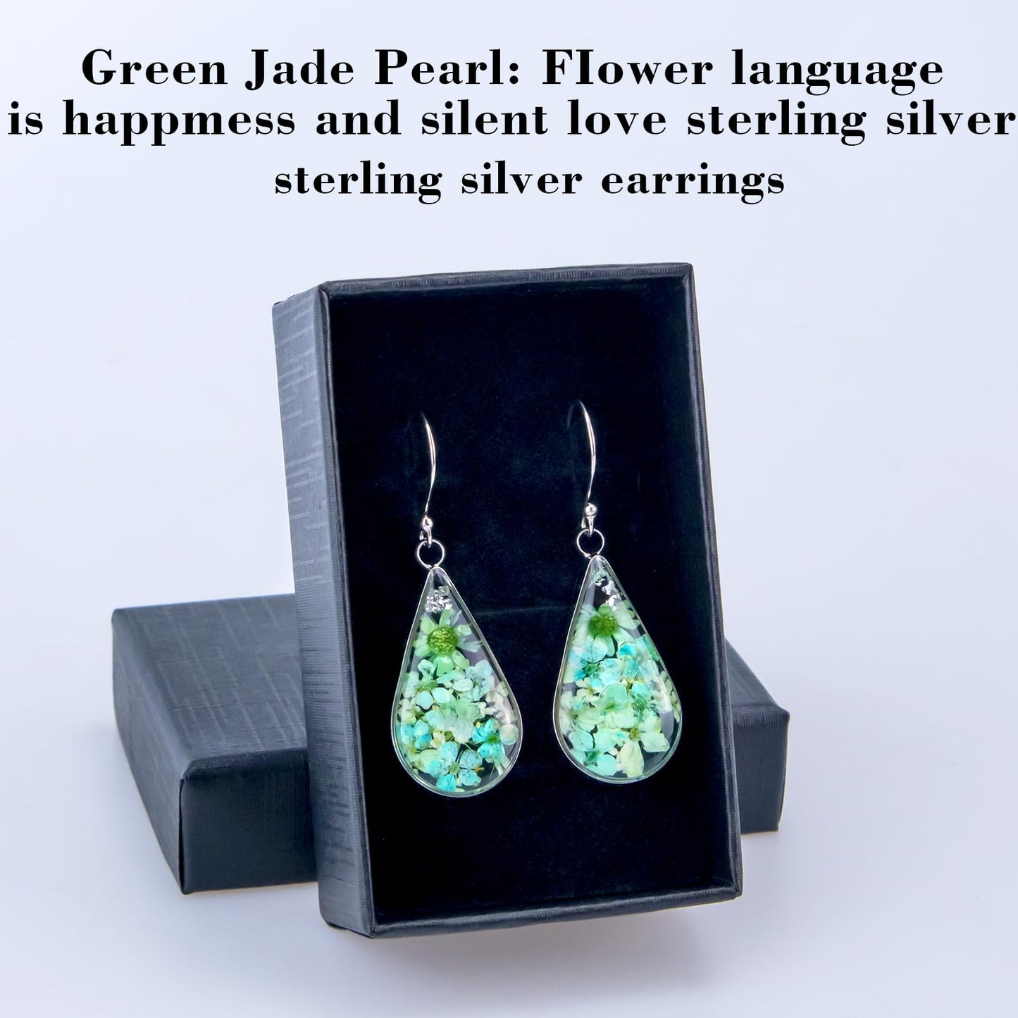 925 Sterling Silver Pressed Flower Teardrop Earrings,Hypoallergenic Women's Jewelry Gift for Mom,Handmade natural dried flower teardrop earrings Jewelry Gift (Green Silver)