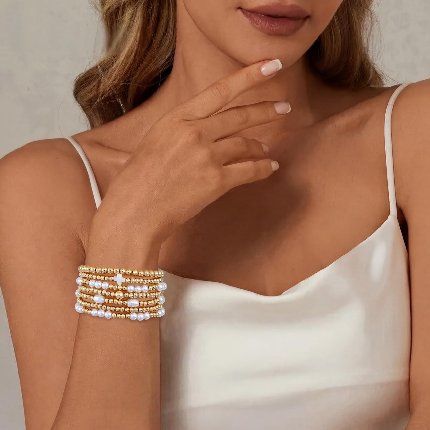 Sajidos Gold Plated Beaded Bracelets for Women Trendy, 14K Gold Plated Stack Cross Pearl Gold Plated Bead Stretch Bracelets Set Elastic Hypoallergenic Bracelets Jewelry Gifts (style19-3)