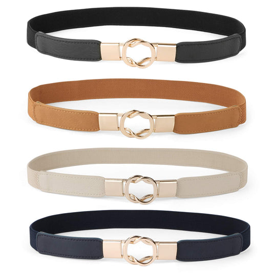 WERFORU Women Skinny Belt for Dresses Retro Stretch Waist Belt with Gold Buckle Set of 4,Black+Brown+Blue+Beige
