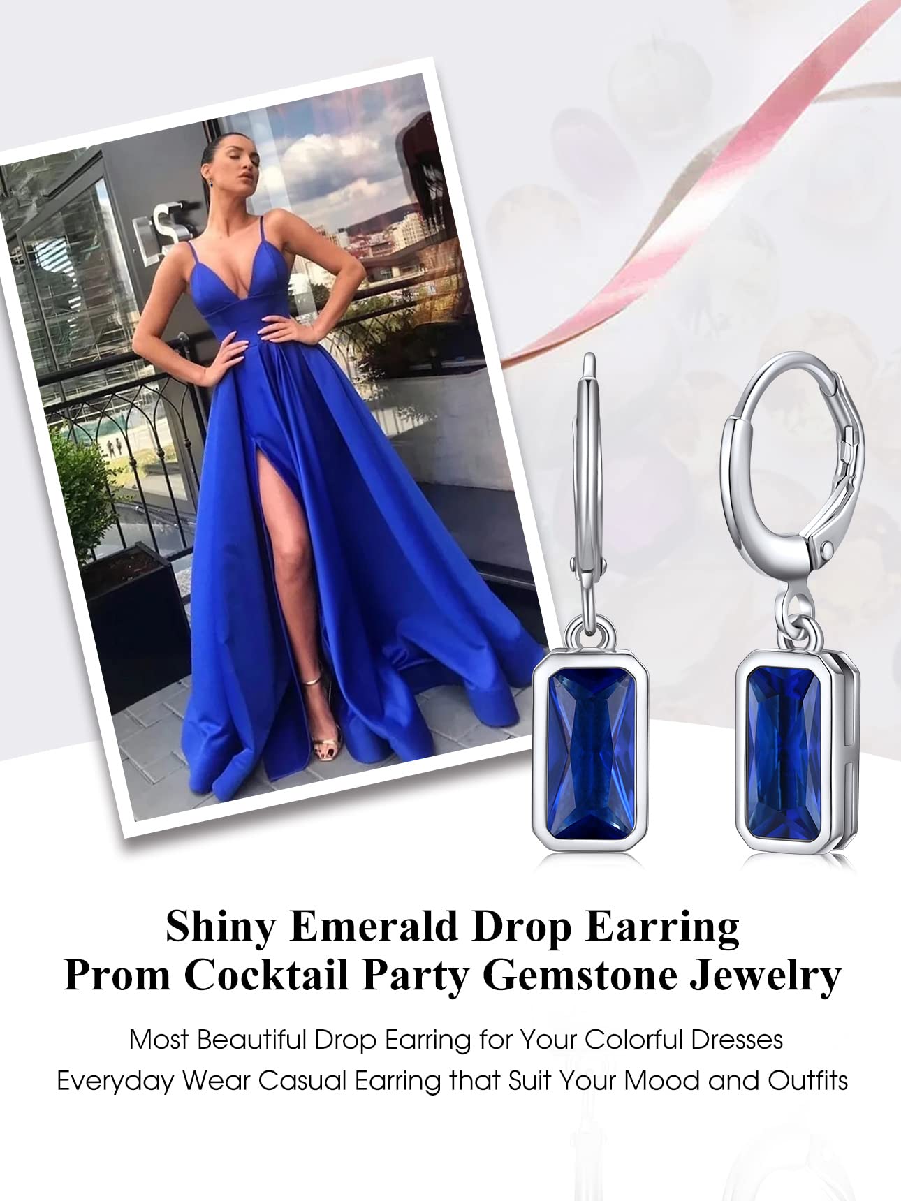 Bestyle 925 Sterling Silver September Birthstone Hoop Dangle Earrings - Clear Created Rectangle Sapphire Crystal Drop Blue Earrings - Trendy Cute Women's Small Hoop CZ Dangle Earrings