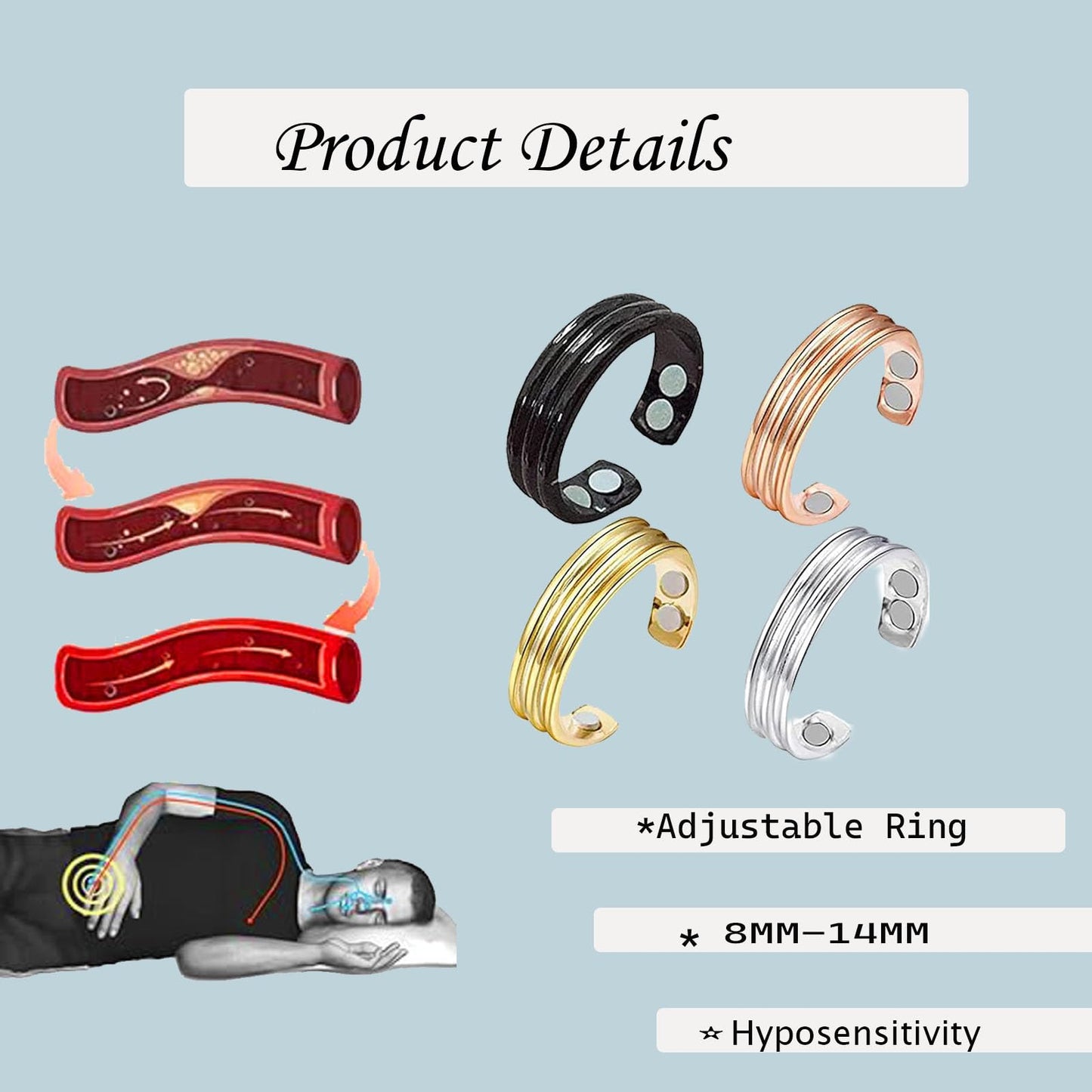 tanguan Auvulis Migraine Ring，Stainless Steel Adjustable Rings Lymphatic Vitality Magneti Rings for Women Men Anti Snoring Ring Migraine Relief Jewelry (Black&Gold&Silver&Rose gold)