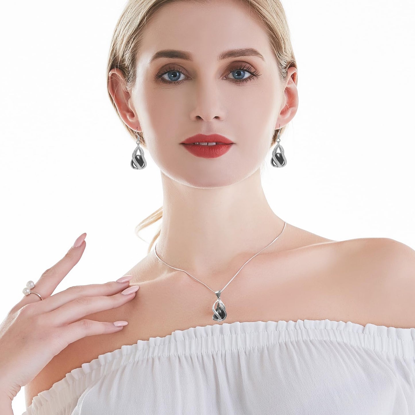 HENGSHENG Pearl Jewelry Set For Women S925 Sterling Silver Necklace & Earrings Set Freshwater Pearl Pendant Cage Set for Wedding Anniversary Prom Birthday Gift - Silvery Black