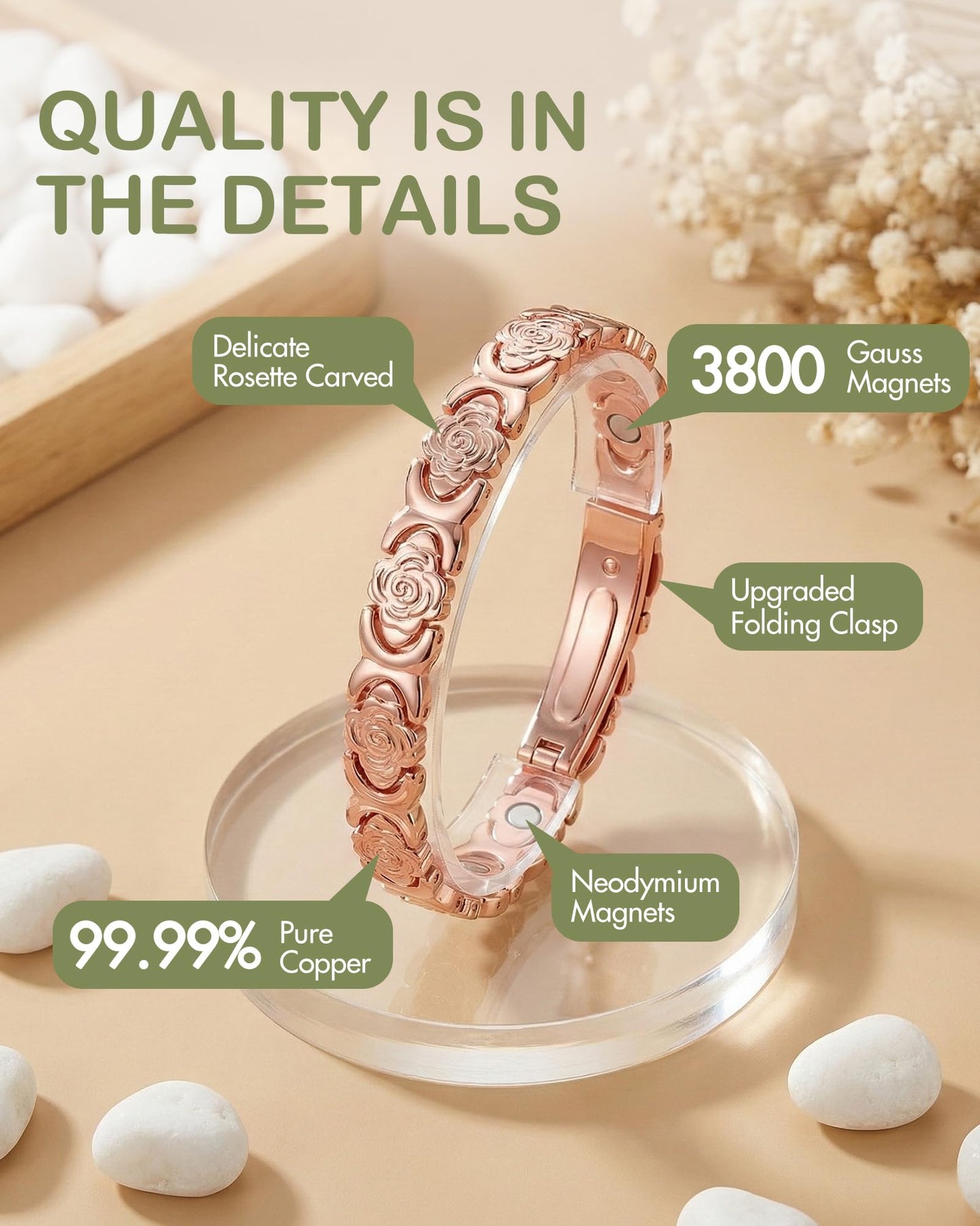 Feraco Pure Copper Bracelets for Women, Ultra Strength Magnetic Bracelet for Women with 3800 Gauss Magnet, Adjustable Flower Real Copper Jewelry Gift with Infinite Rose-Engraved (Rose Gold)