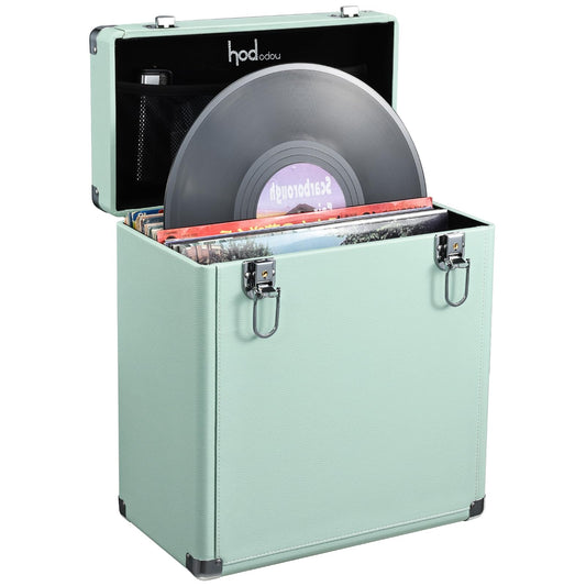 Hododou Vinyl Record Storage Box with Lock Record Organizer Storage for 30+ Single Records 12-inch Water Resistant Collapsible Storage Crate with Lid Handle Mesh Pouch for Valuable Album Collection