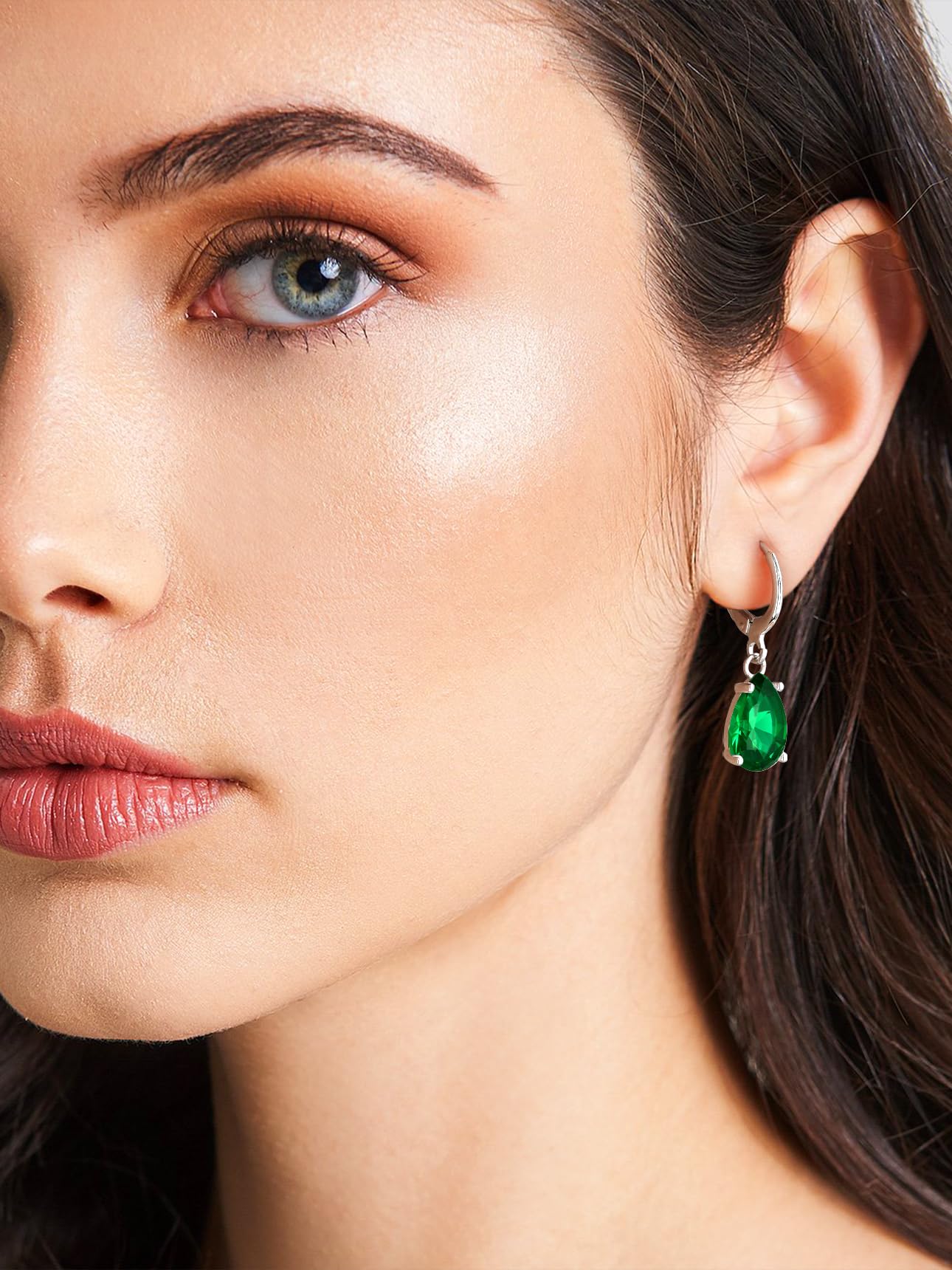 Bestyle Green Emerald Teardrop Earring with Hypoallergneic Silver Huggie Hoops - Shimmer May Birthstone Dangles Silver Earring for Women - Dainty Cute Earrings for Mom Wife Grandma