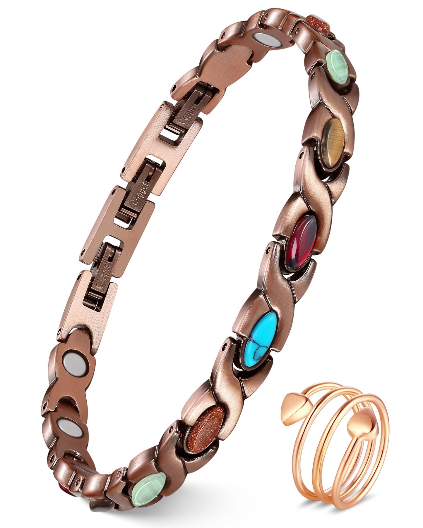 Feraco Pure Copper Bracelets & Ring for Women, Ultra Strength Magnetic Therapy Bracelet with 3800 Gauss Magnets, Natural Turquoise & Stones, Adjustable, Infinite Jewelry